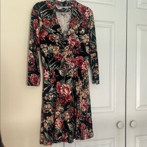Forever 21 Red and Pink Floral Long Sleeve Fit and Flare Dress